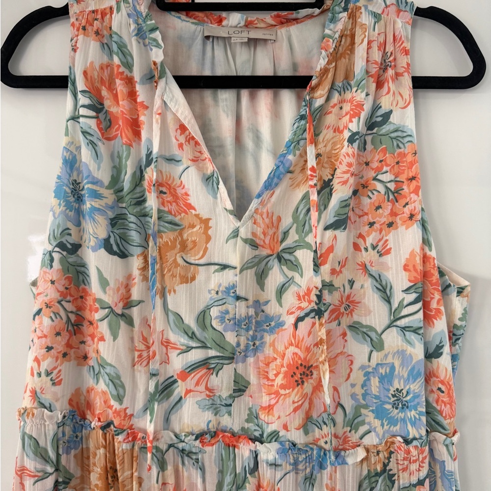 LOFT Floral Midi Dress in Orange, Blue & Cream - Picture 4 of 11